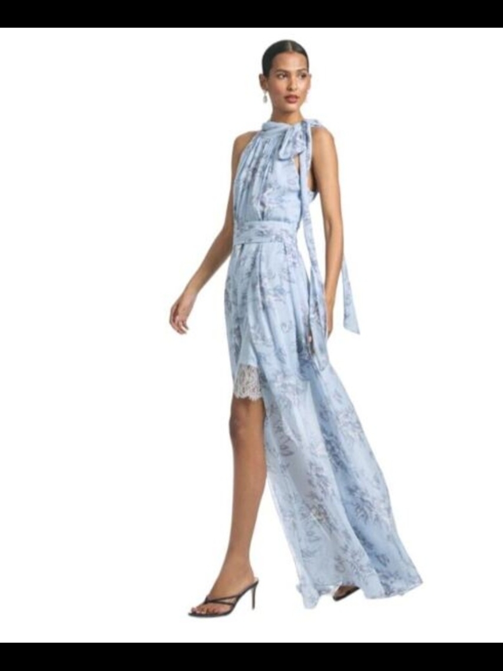 High-Neck Light Blue Floral Maxi Dress with Lace Trim